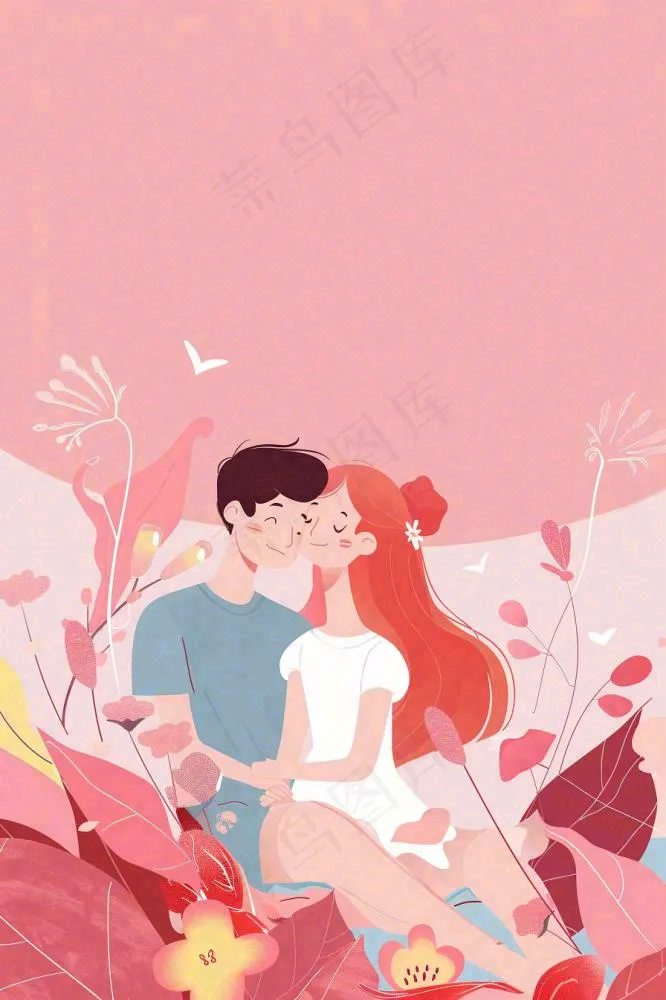 粉色恋爱情人恋人相拥鲜花丛浪漫梦幻七夕情人节插画背景(896x1344)