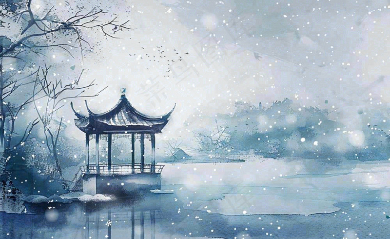 古风水墨中国风风景冬天凉亭雪花大寒小雪大雪插画背景(1408x864)