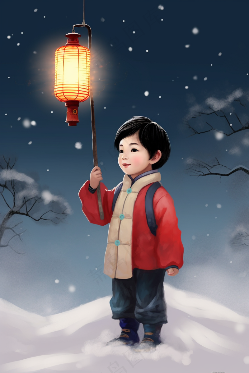 冬天白雪地打着灯笼得中国小孩卡通插画背景(2688x4032)
