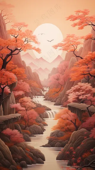 国风山水画河流花草国画水墨画素材背景