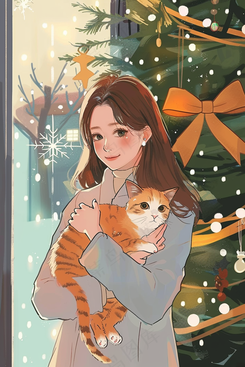 在咖啡馆外抱着猫咪的知性女孩圣诞插画背景