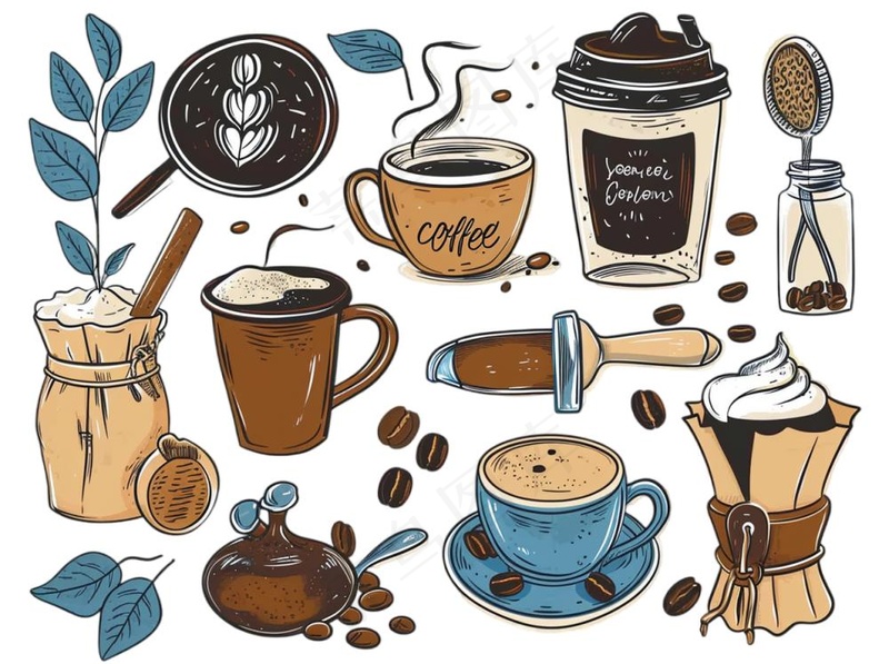 咖啡元素手绘卡通插画素材免抠