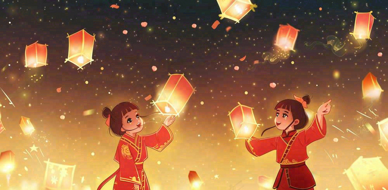 新年春节祈福孔明灯热闹中元节插画背景(1568x768)