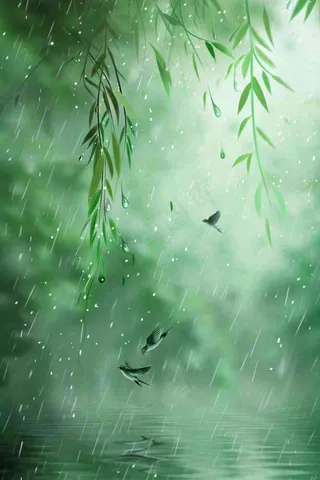 绿色简约小清新柳树雨天燕子雨水谷雨插画背景