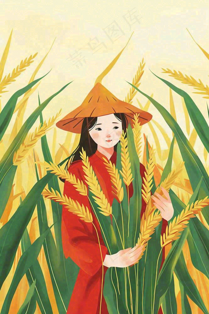 丰收季女孩抱着麦穗金黄的小麦稻穗农田芒种小满秋分立秋卡通插画背景(896x1344)