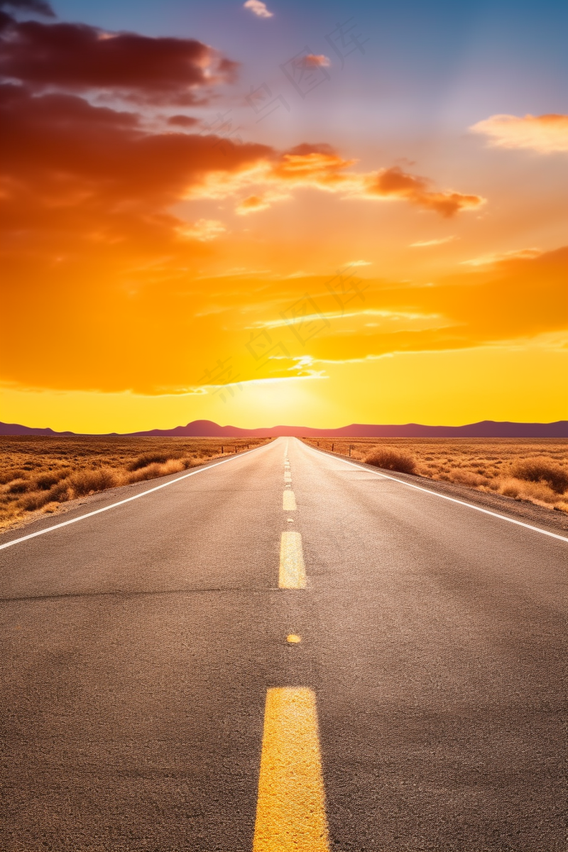 延绵的公路夕阳落日余晖摄影图(2688x4032)
