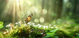 阳光斑驳下的蝴蝶苔藓蘑菇春天森林春分惊蛰摄影图