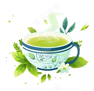 绿茶茶杯青叶清明元素卡通插画免抠