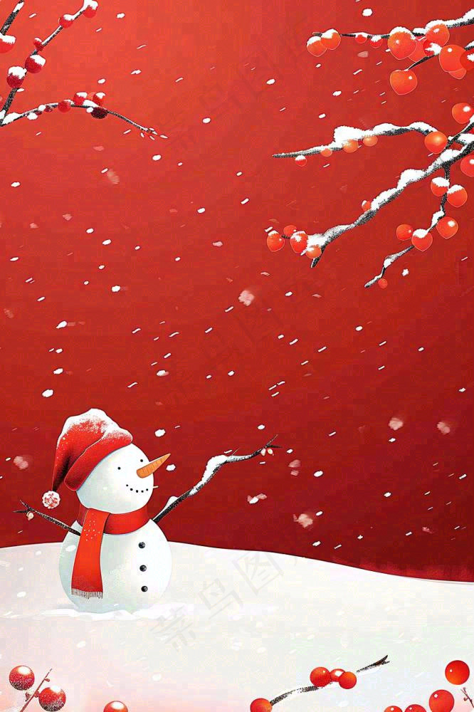 红色宫墙背景白色雪人梅花冬至新年春节小年喜庆卡通插画背景(896x1344)
