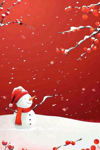红色宫墙背景白色雪人梅花冬至新年春节小年喜庆卡通插画背景