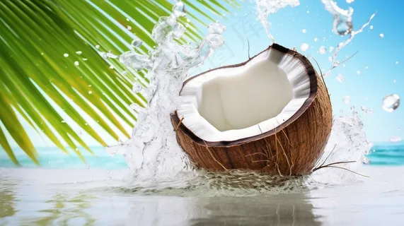夏日椰子与水飞溅椰汁饮料摄影图