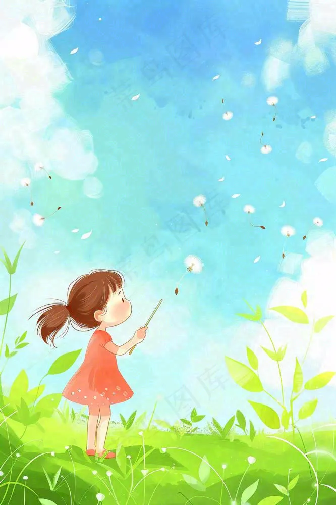 春天蒲公英绿草地蓝天白云红裙子女孩小清新唯美立春春分惊蛰立夏卡通插画背景(896x1344)