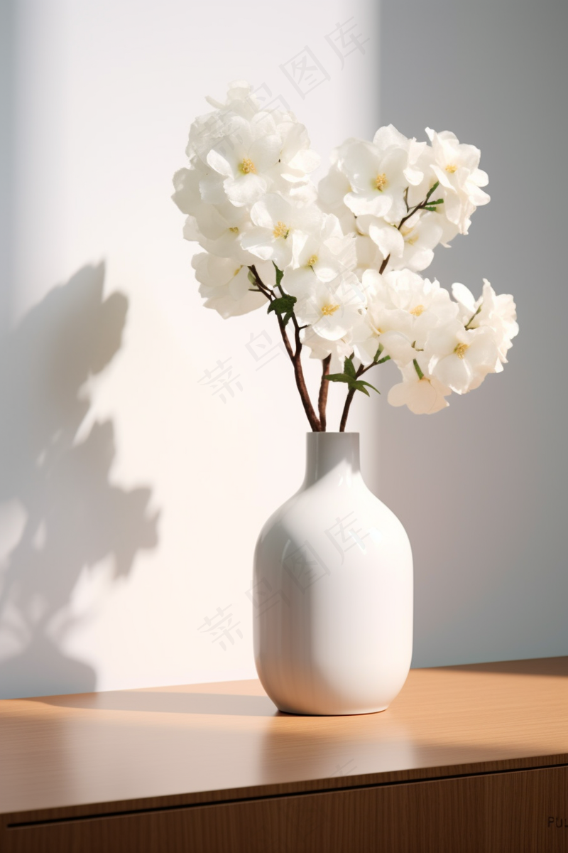 花瓶插花白色的花朵花束摄影图