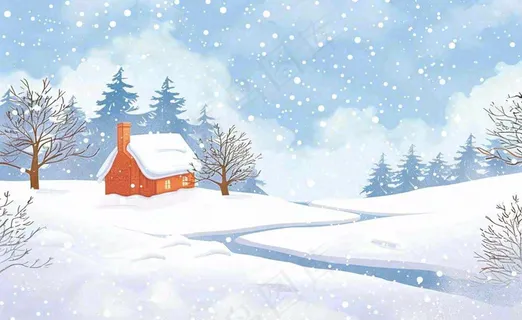 冬天雪景河流森林小屋白雪皑皑小雪大雪冬至立冬水彩画卡通插画背景