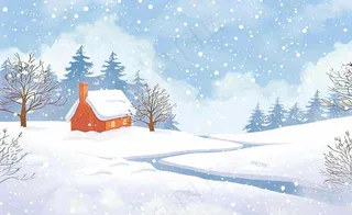 冬天雪景河流森林小屋白雪皑皑小雪大雪冬至立冬水彩画卡通插画背景