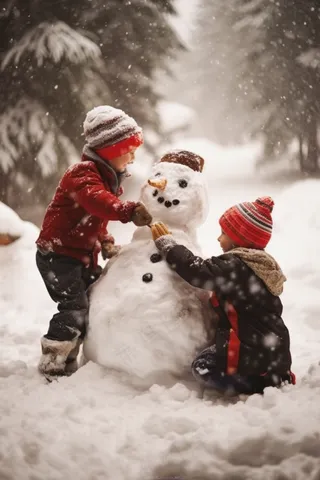 冬季雪地堆雪人的孩子大雪纷飞摄影图