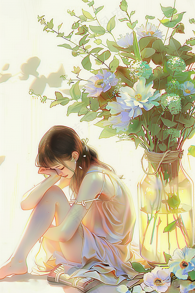 坐在花瓶子边上的少女插画背景(2688x4032)