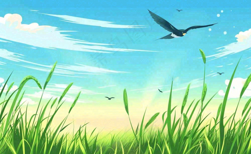 春天草场莺飞小麦地绿色麦苗小满芒种立夏卡通插画背景
