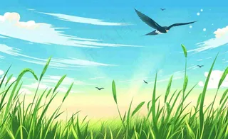 春天草场莺飞小麦地绿色麦苗小满芒种立夏卡通插画背景