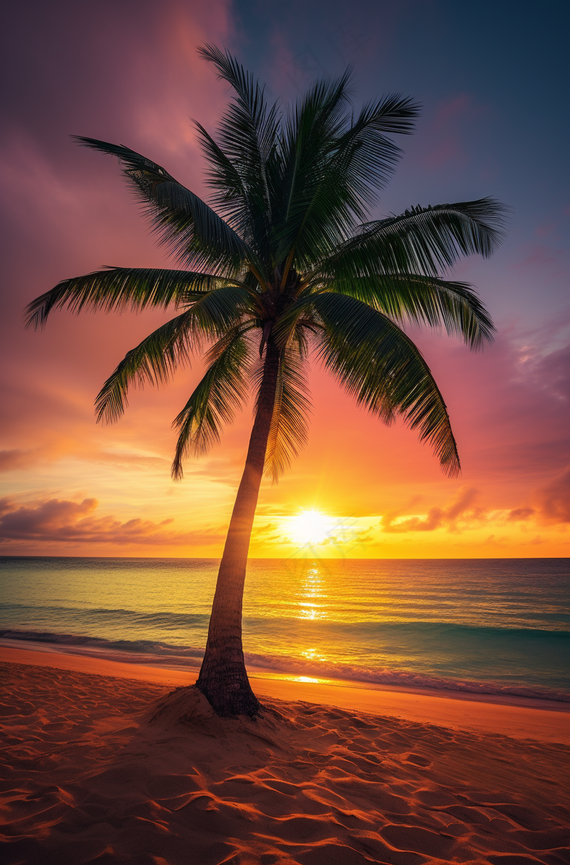 夏日沙滩椰树海边落日余晖晚霞摄影图