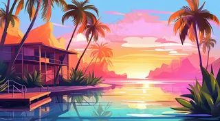 夏日泳池夕阳晚霞椰树摄影图