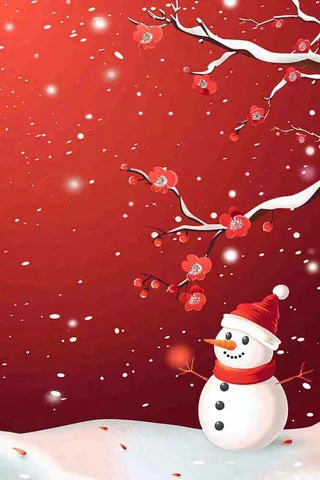红色宫墙背景白色雪人梅花冬至新年春节小年喜庆卡通插画背景