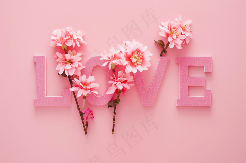 花卉贺卡妇女节花平铺着带有LOVE字母粉色背景摄影图(4032x2688)