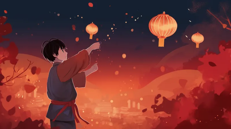 新年春节放灯笼红色喜庆祈福卡通插画背景(4368x2448)