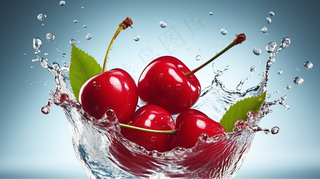 樱桃车厘子水花四溅新鲜水果摄影图