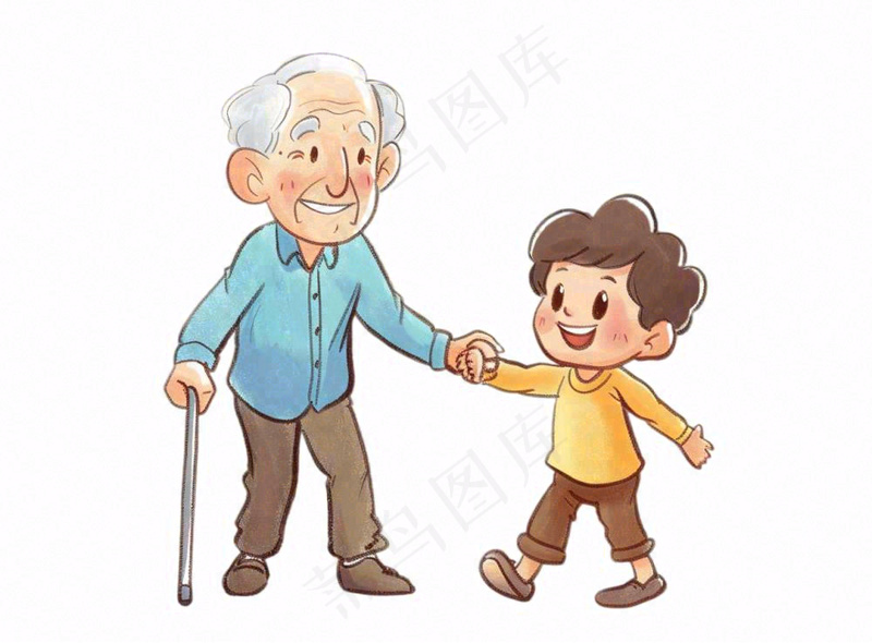 孙子牵着爷爷孝敬老人陪伴亲情人物卡通插画免抠(1280x944)