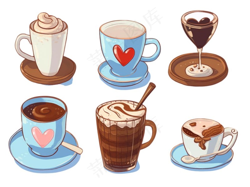 咖啡拿铁甜点下午茶水彩画手绘插画免抠