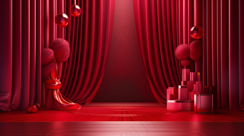 中国风红色婚庆节日年会舞台产品展示台创意图3D建模摄影图