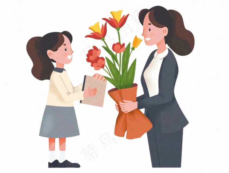 女孩给妈妈送花教师节母亲节卡通插画免抠(1264x960)