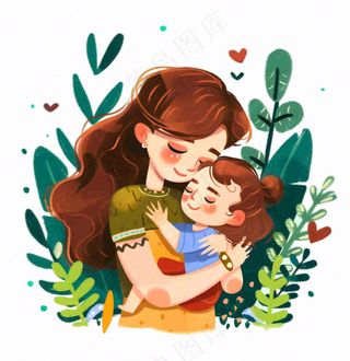 妈妈抱着孩子母亲花草环抱亲情卡通插画免抠