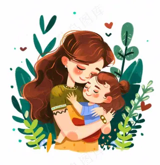 妈妈抱着孩子母亲花草环抱亲情卡通插画免抠