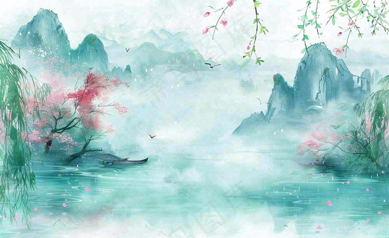 春天桃花柳树燕子清明山水国画中国风古风水雨水谷雨背景(1408x864)