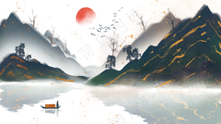 中国风山水彩色国画插画装饰画素材13