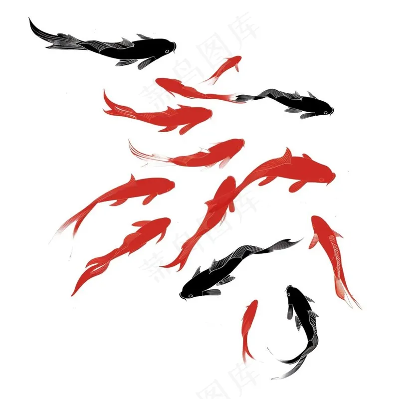 锦鲤红黑水墨画中国风插画免抠(1024x1024)