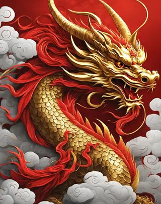 中国龙，红色，金色鳞