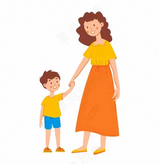 妈妈牵着小孩母子母亲节人物卡通插画免抠