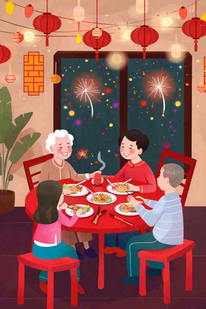 新年除夕夜团圆饭节日喜庆过年团聚一家人春节插画背景(896x1344)