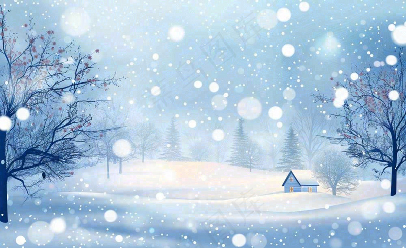 冬天雪景森林小屋夜晚灯光温暖白雪皑皑小雪大雪冬至立冬卡通插画背景