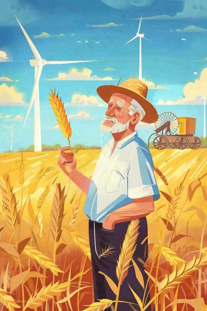 秋天农民伯伯秋收小麦丰收粮食金黄风车芒种立秋秋分卡通插画背景(896x1344)