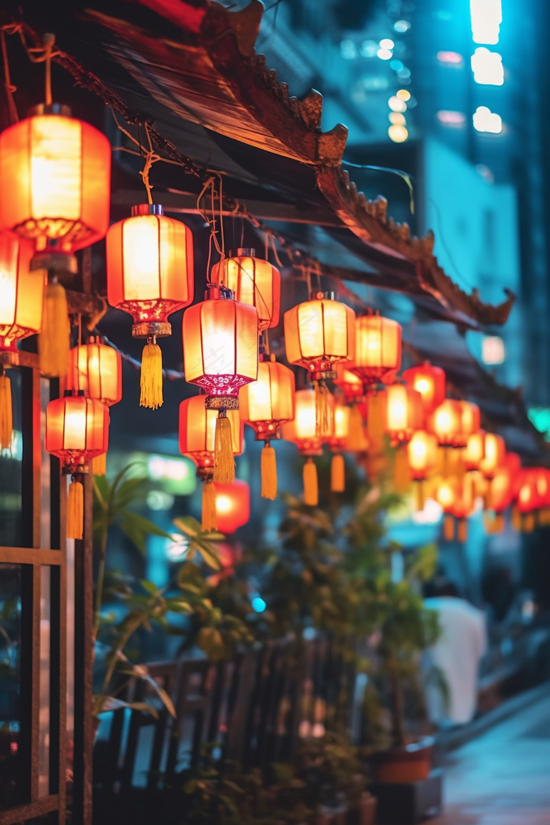 新年春节街道屋檐的灯笼热闹喜庆摄影图(2688x4032)