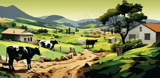 卡通农场畜牧农庄广袤无垠蓝天白云插画背景