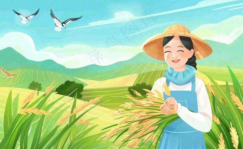 世界粮食日芒种秋收稻田麦子农民天空小满创意手绘卡通插画背景(1408x864)
