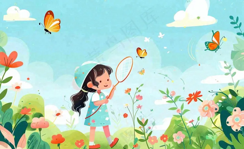春天女孩在花丛里扑蝴蝶玩耍儿童节踏青春分插画背景(1408x864)