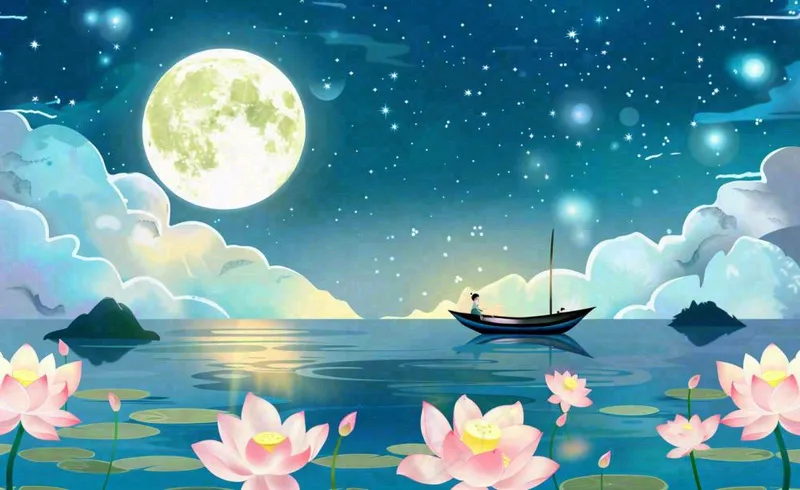 中秋夜晚赏月荷花山水河流中的帆船舟月亮倒映水面中元节寒露插画背景(1408x864)