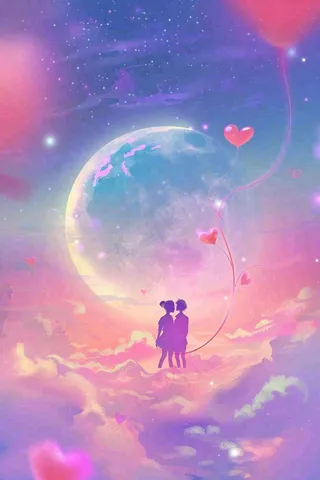 宇宙星空情人浪漫七夕爱心气球粉紫色云朵天空插画背景