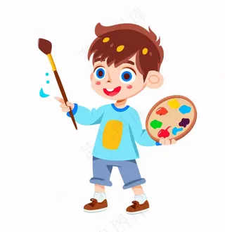 画画美术拿着颜料盘画笔的男孩学生人物卡通插画免抠